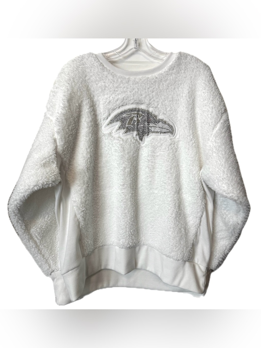 Touch Stadium White Sherpa Pullover Rhinestone Raven Sweatshirt XL